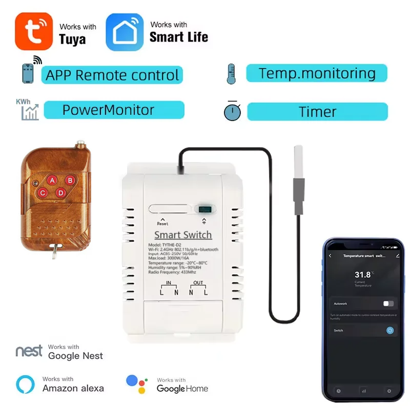 Sonoff Basic Switch - Tuya Wifi 16A/20A スマート温度湿度スイッチパワーモニター RF リモートサーモスタットプローブセンサー付き水槽ウェア