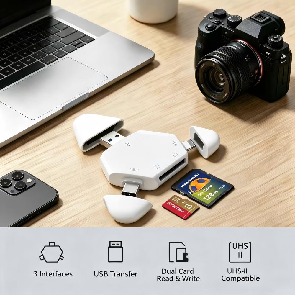 Home Assistant Sd - 3in1メモリカードリーダー、三角形磁気キャップ付き、USB-C、USB、Lightningポート対応、TF/SDカード対応、PC、ラップトップ、MacBook、スマートフォン用