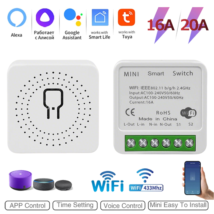 Home Automation Diy - 2ウェイミニDIYスマートスイッチTuya WiFiライトスイッチモジュールRF433Mhzタイマーブレーカー、スマートライフ、Alexa、Google Home、Alice対応